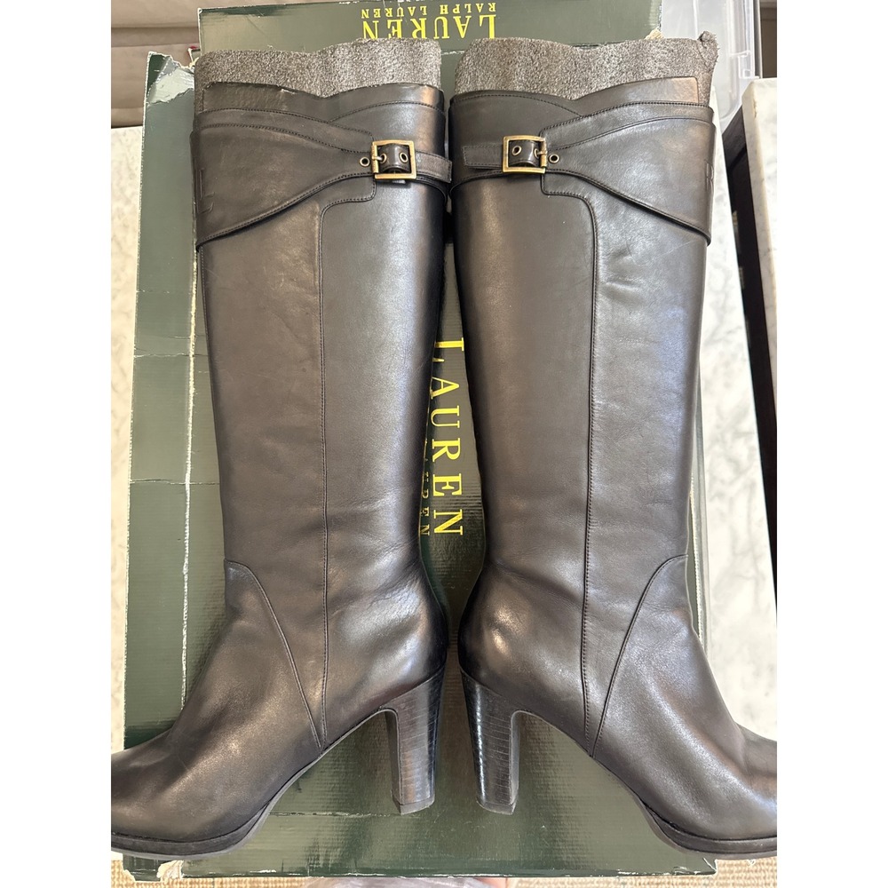 Lauren Ralph Lauren Meena Black Vachetta Leather Knee High Block Heel Boots 8.5B